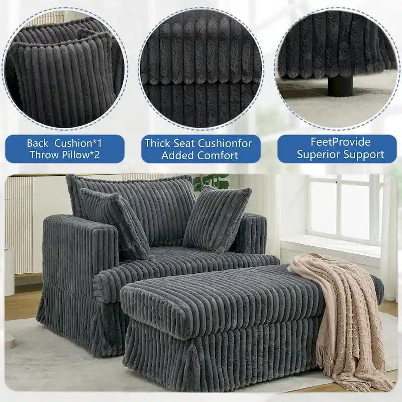 Dark Gray Modern 47.8 Upholstered Oversized Chaise Longue Chair with Ottoman and Pillows