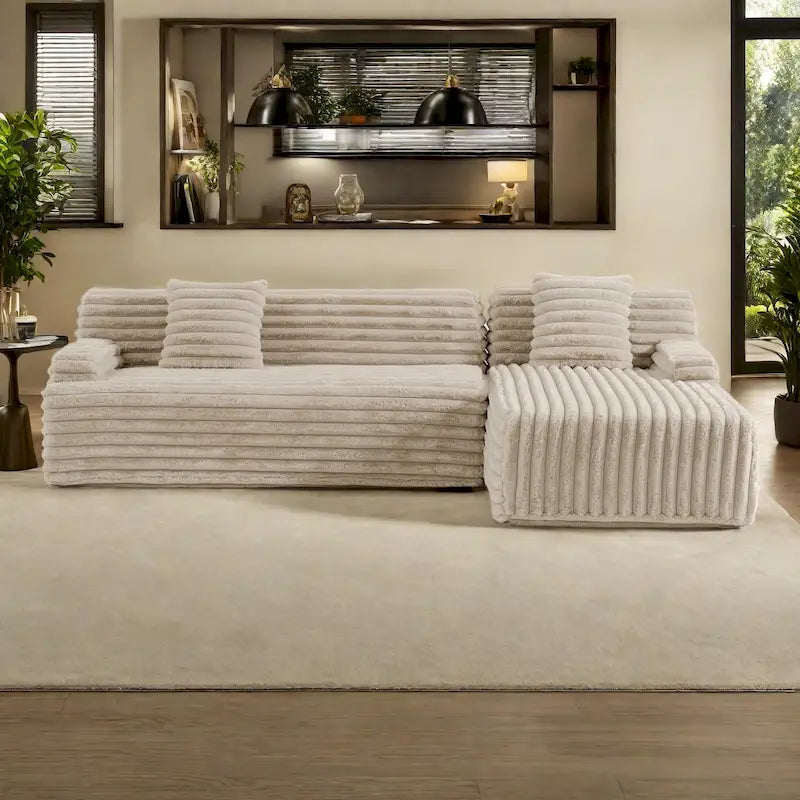 110 Faux Fur Cloud 3-Seater sat L-Shaped Sectional Sofa with Two Included Throw Pillows