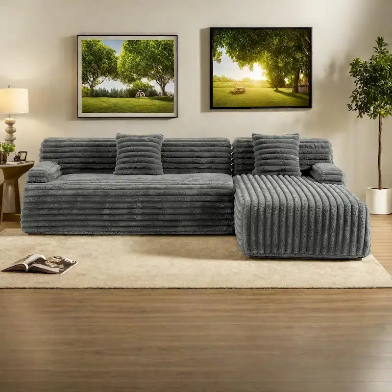 110 Faux Fur Cloud 3-Seater sat L-Shaped Sectional Sofa with Two Included Throw Pillows