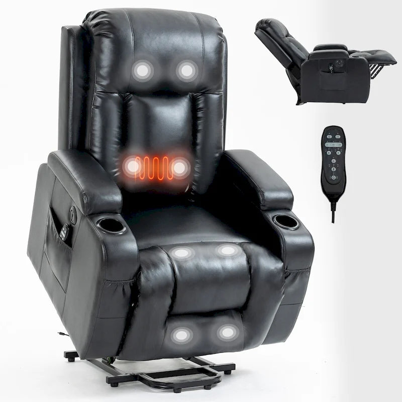 Black Elderly-Friendly Power Lift Recliner featuring Vibration Massage, Lumbar Heating, USB Port, and Cup Holders
