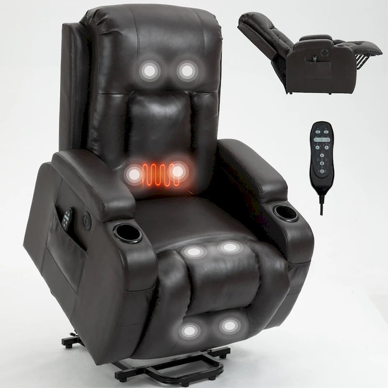 Black Elderly-Friendly Power Lift Recliner featuring Vibration Massage, Lumbar Heating, USB Port, and Cup Holders