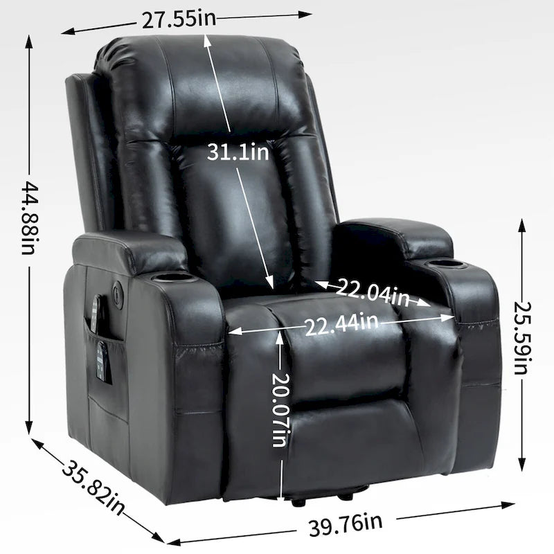 Black Elderly-Friendly Power Lift Recliner featuring Vibration Massage, Lumbar Heating, USB Port, and Cup Holders