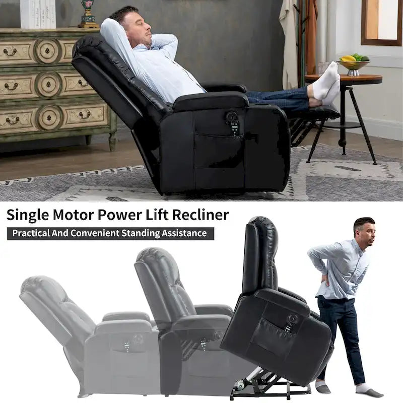 Black Elderly-Friendly Power Lift Recliner featuring Vibration Massage, Lumbar Heating, USB Port, and Cup Holders