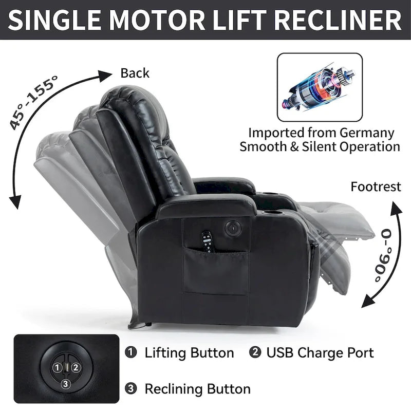 Black Elderly-Friendly Power Lift Recliner featuring Vibration Massage, Lumbar Heating, USB Port, and Cup Holders