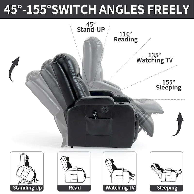 Black Elderly-Friendly Power Lift Recliner featuring Vibration Massage, Lumbar Heating, USB Port, and Cup Holders