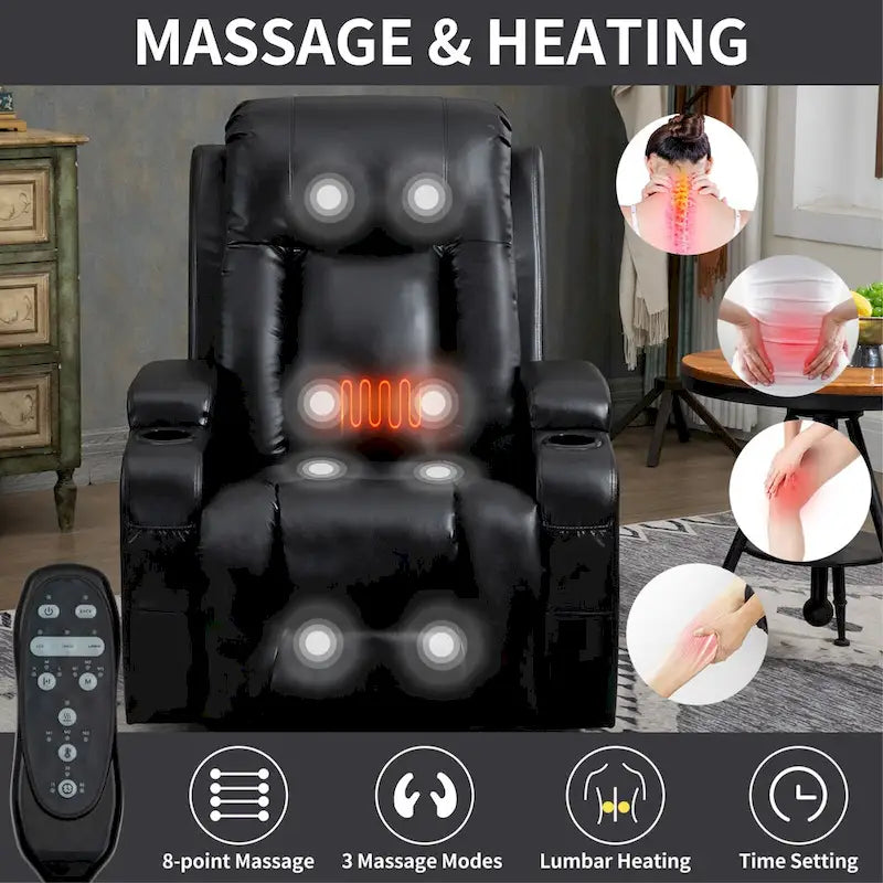 Black Elderly-Friendly Power Lift Recliner featuring Vibration Massage, Lumbar Heating, USB Port, and Cup Holders