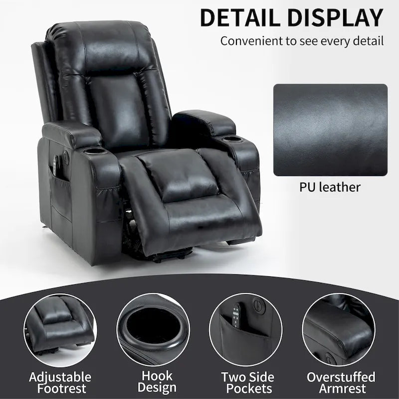 Black Elderly-Friendly Power Lift Recliner featuring Vibration Massage, Lumbar Heating, USB Port, and Cup Holders