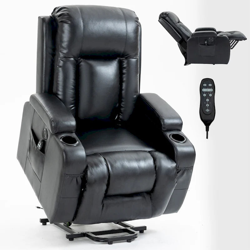 Black Elderly-Friendly Power Lift Recliner featuring Vibration Massage, Lumbar Heating, USB Port, and Cup Holders