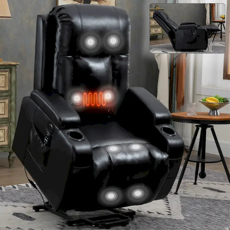 Black Elderly-Friendly Power Lift Recliner featuring Vibration Massage, Lumbar Heating, USB Port, and Cup Holders