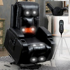 Black Elderly-Friendly Power Lift Recliner featuring Vibration Massage, Lumbar Heating, USB Port, and Cup Holders