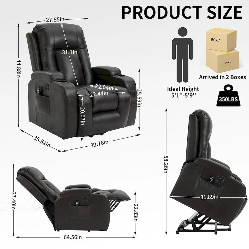 Black Elderly-Friendly Power Lift Recliner featuring Vibration Massage, Lumbar Heating, USB Port, and Cup Holders