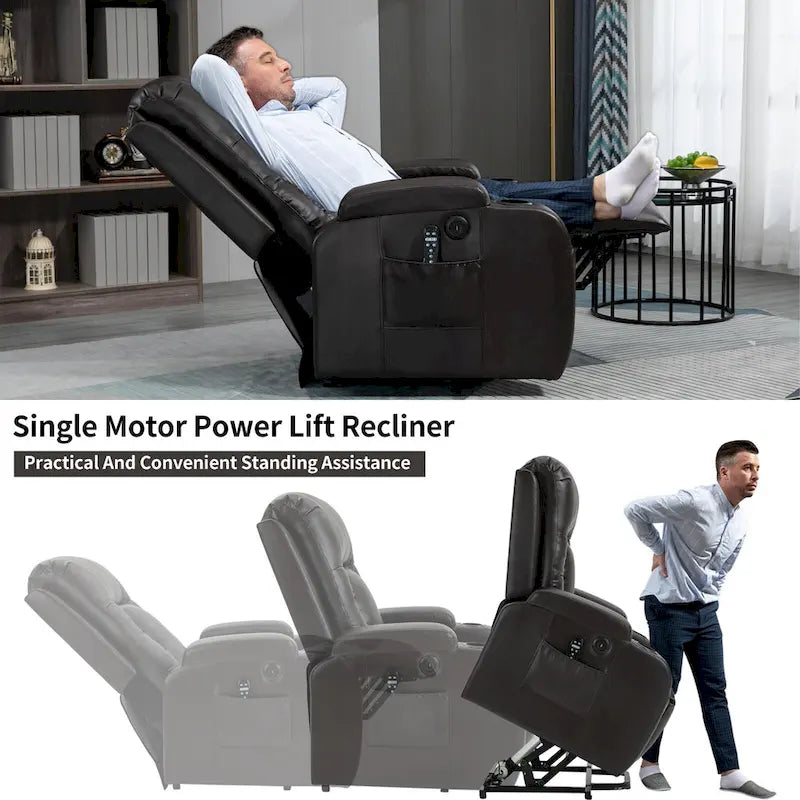 Black Elderly-Friendly Power Lift Recliner featuring Vibration Massage, Lumbar Heating, USB Port, and Cup Holders