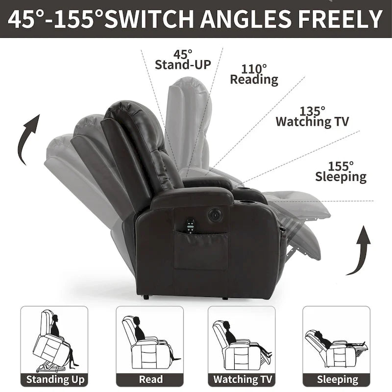 Black Elderly-Friendly Power Lift Recliner featuring Vibration Massage, Lumbar Heating, USB Port, and Cup Holders