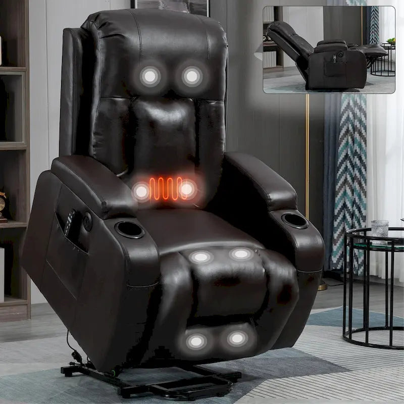 Black Elderly-Friendly Power Lift Recliner featuring Vibration Massage, Lumbar Heating, USB Port, and Cup Holders