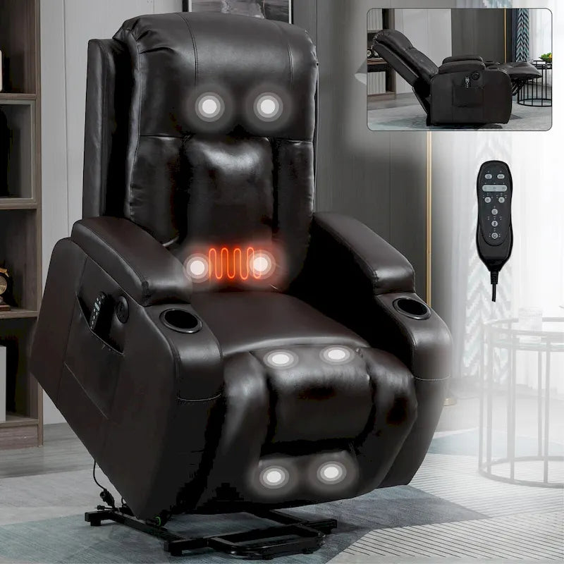 Black Elderly-Friendly Power Lift Recliner featuring Vibration Massage, Lumbar Heating, USB Port, and Cup Holders