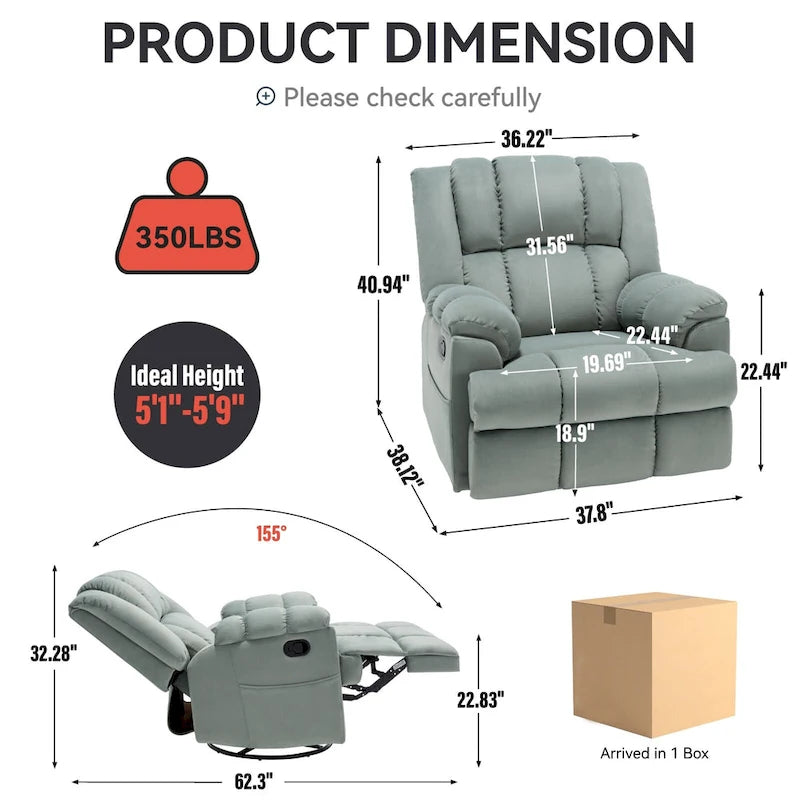 Green Oversized Manual Recliner with 360 Swivel and Rocking Feature, Fabric Upholstery for Living Room Comfort