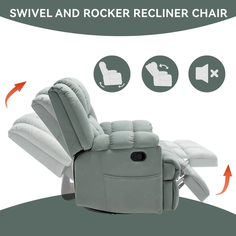 Green Oversized Manual Recliner with 360 Swivel and Rocking Feature, Fabric Upholstery for Living Room Comfort