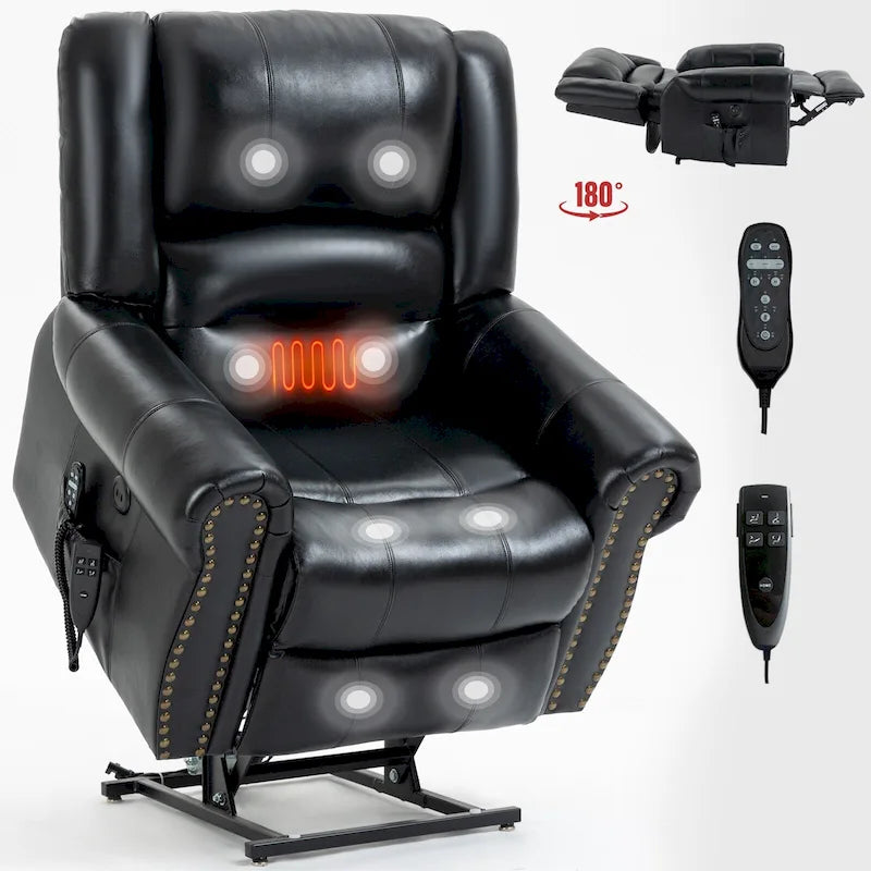 Brown Genuine Leather Power Lift Recliner with Heat, Massage, and USB Ports