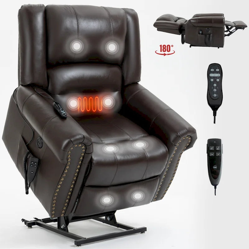Brown Genuine Leather Power Lift Recliner with Heat, Massage, and USB Ports