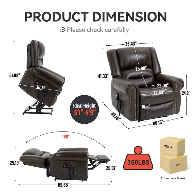 Brown Genuine Leather Power Lift Recliner with Heat, Massage, and USB Ports