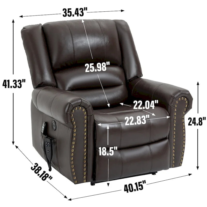 Brown Genuine Leather Power Lift Recliner with Heat, Massage, and USB Ports