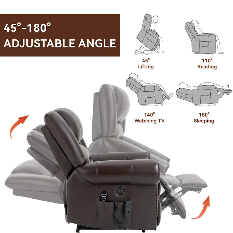 Brown Genuine Leather Power Lift Recliner with Heat, Massage, and USB Ports