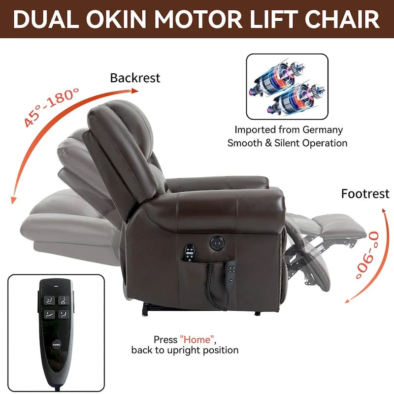 Brown Genuine Leather Power Lift Recliner with Heat, Massage, and USB Ports