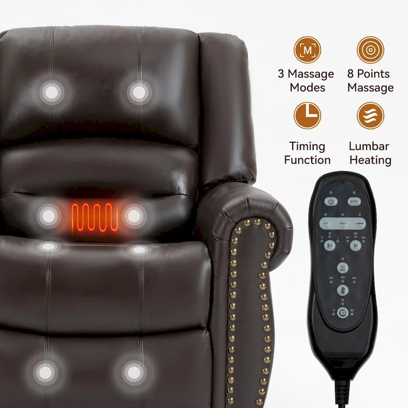 Brown Genuine Leather Power Lift Recliner with Heat, Massage, and USB Ports