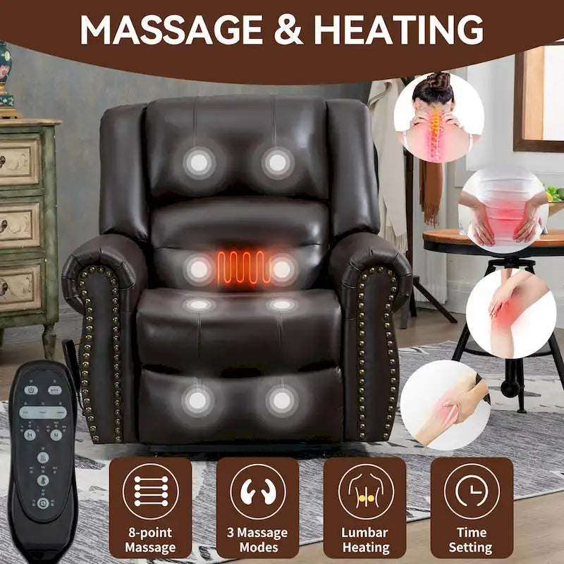 Brown Genuine Leather Power Lift Recliner with Heat, Massage, and USB Ports