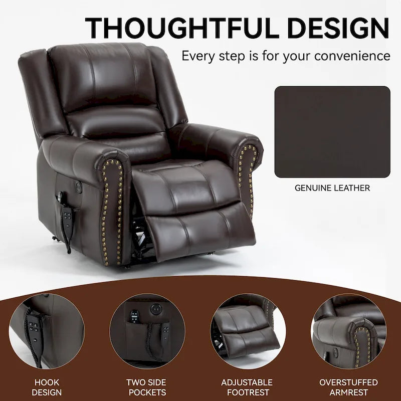 Brown Genuine Leather Power Lift Recliner with Heat, Massage, and USB Ports