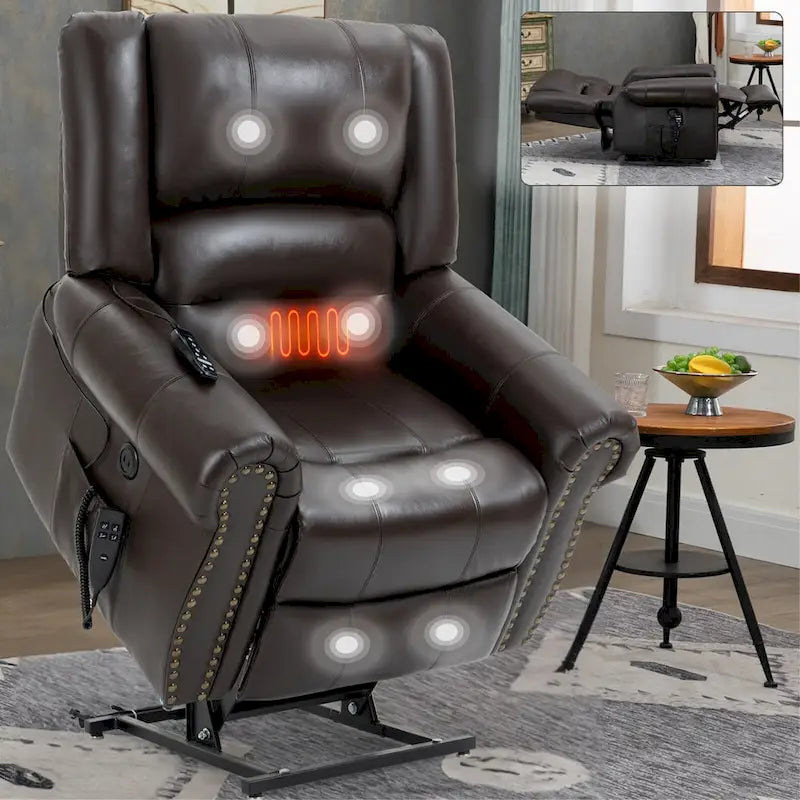 Brown Genuine Leather Power Lift Recliner with Heat, Massage, and USB Ports