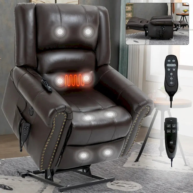 Brown Genuine Leather Power Lift Recliner with Heat, Massage, and USB Ports