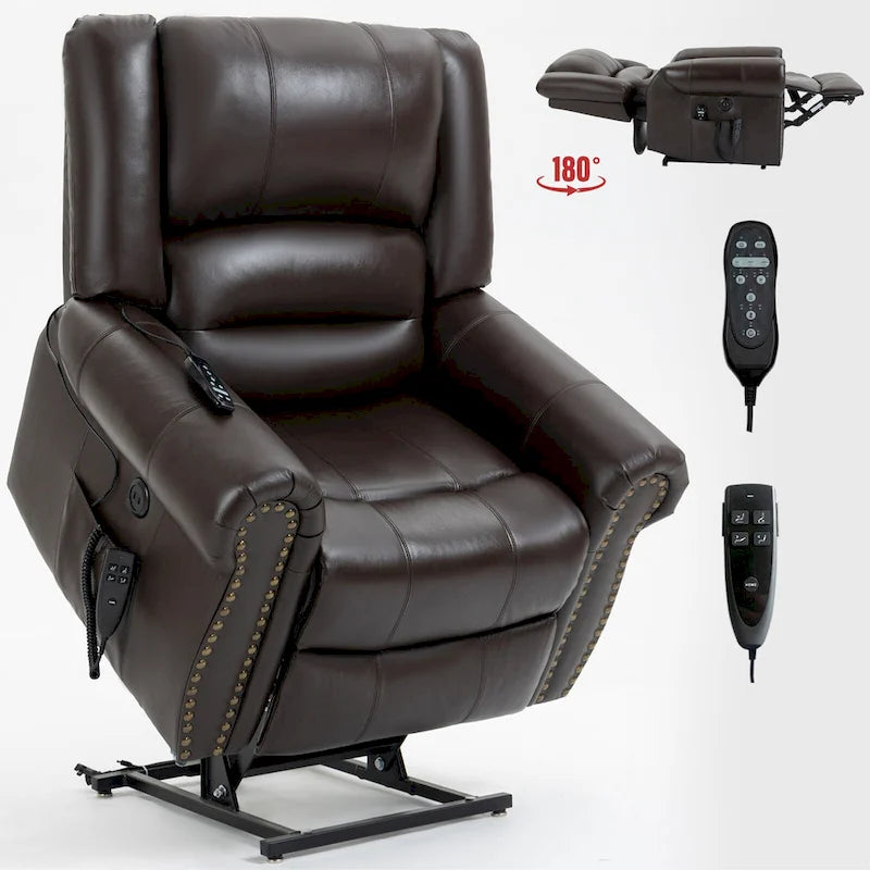 Brown Genuine Leather Power Lift Recliner with Heat, Massage, and USB Ports