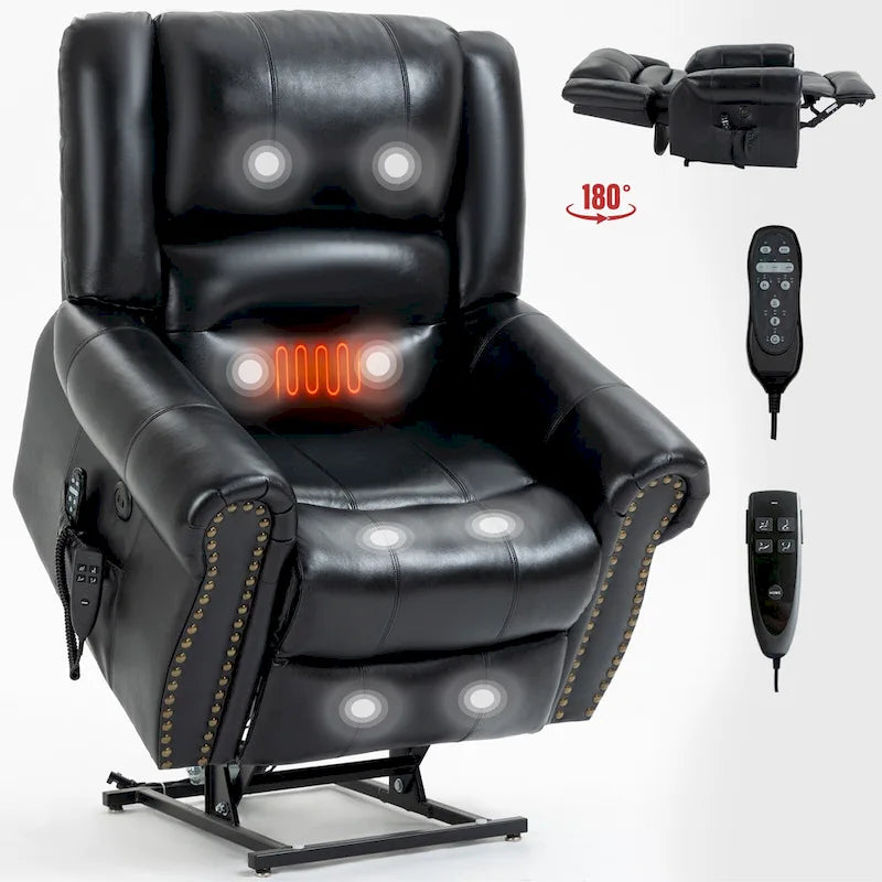 Brown Genuine Leather Power Lift Recliner with Heat, Massage, and USB Ports