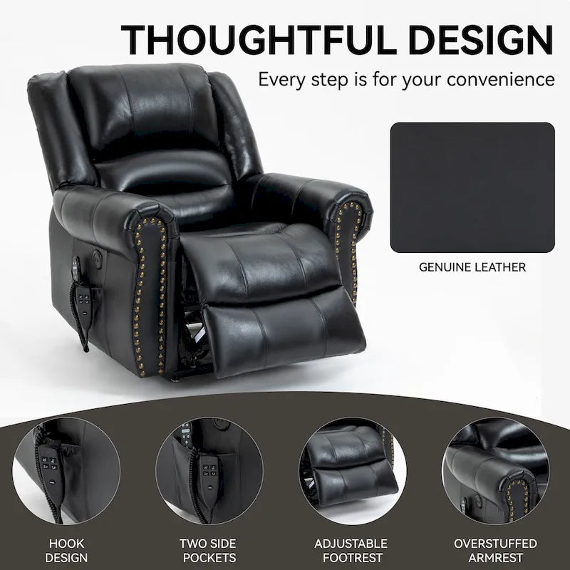 Brown Genuine Leather Power Lift Recliner with Heat, Massage, and USB Ports