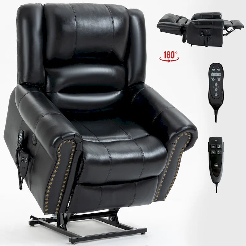 Brown Genuine Leather Power Lift Recliner with Heat, Massage, and USB Ports