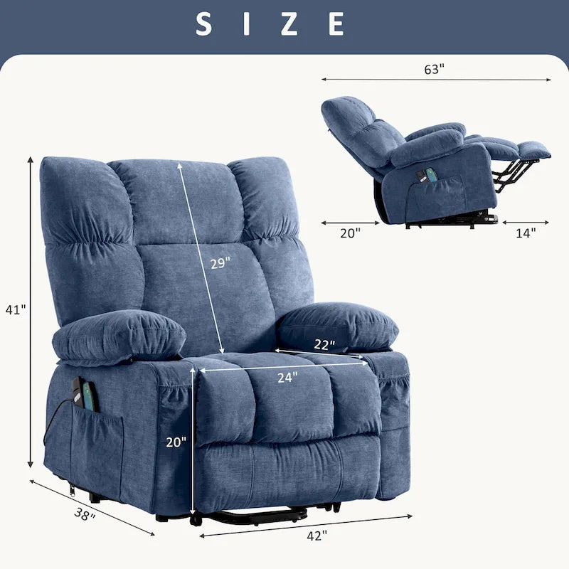 Blue Power Lift Recliner with Heat, Massage, USB Charging, Side Storage, and Remote Control