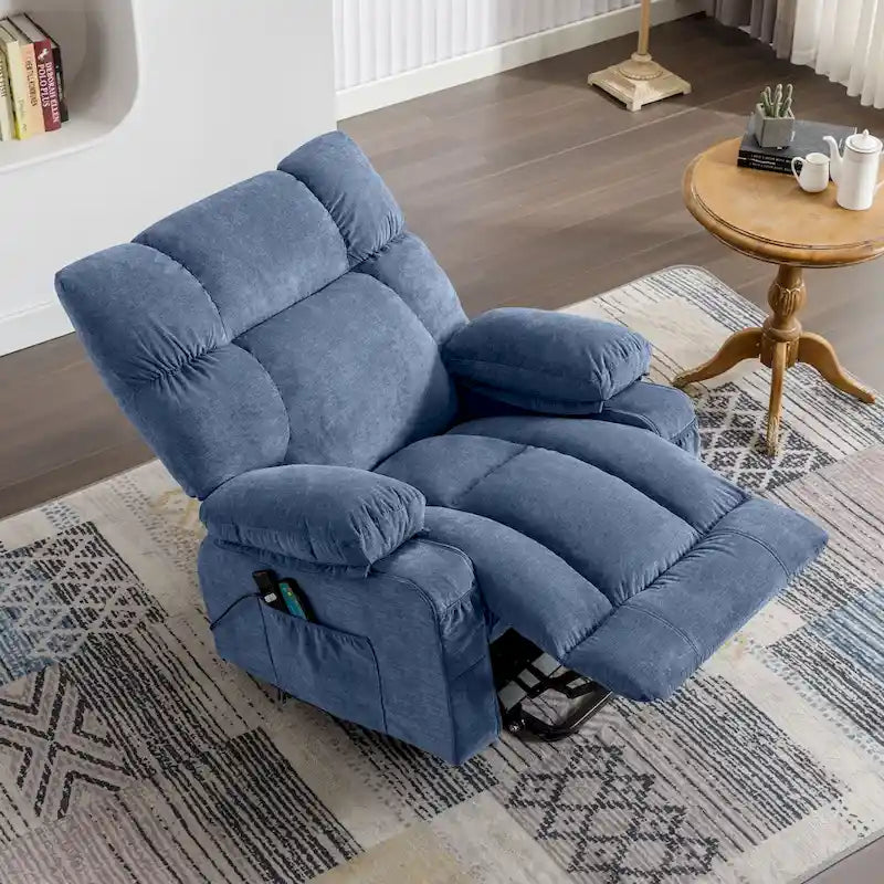 Blue Power Lift Recliner with Heat, Massage, USB Charging, Side Storage, and Remote Control