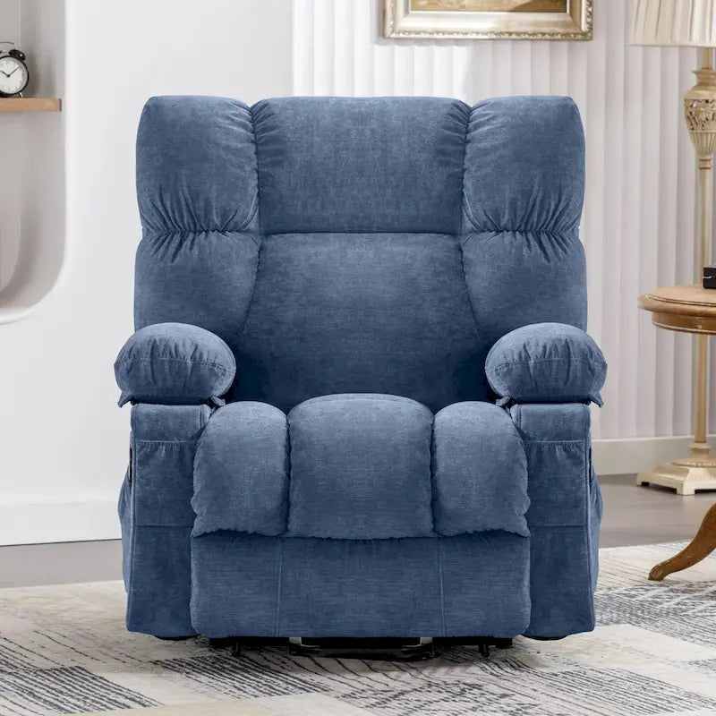Blue Power Lift Recliner with Heat, Massage, USB Charging, Side Storage, and Remote Control