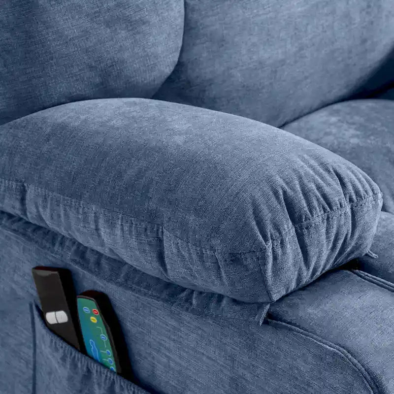 Blue Power Lift Recliner with Heat, Massage, USB Charging, Side Storage, and Remote Control