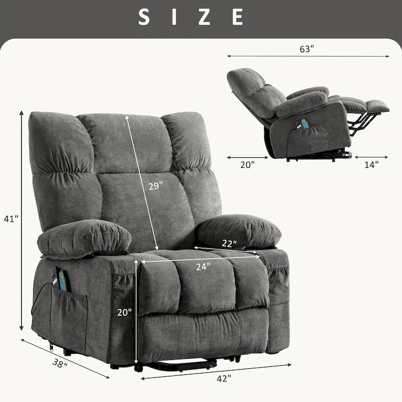Blue Power Lift Recliner with Heat, Massage, USB Charging, Side Storage, and Remote Control