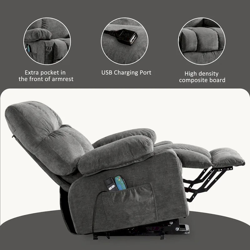 Blue Power Lift Recliner with Heat, Massage, USB Charging, Side Storage, and Remote Control