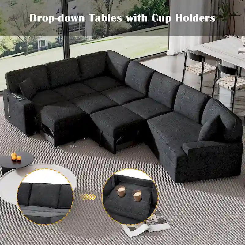 126 L-Shaped 6-Seat Sectional Sofa with Pull-Out Bed, USB Charging Ports, and Drop-Down Cup Holder Tables