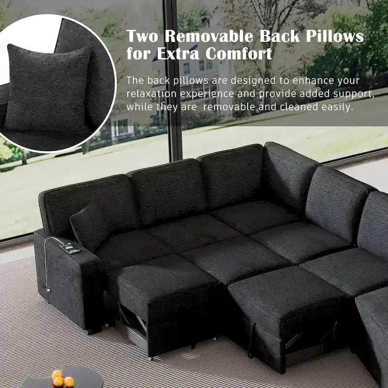 126 L-Shaped 6-Seat Sectional Sofa with Pull-Out Bed, USB Charging Ports, and Drop-Down Cup Holder Tables