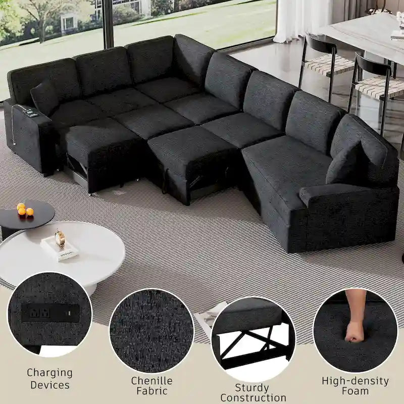 126 L-Shaped 6-Seat Sectional Sofa with Pull-Out Bed, USB Charging Ports, and Drop-Down Cup Holder Tables