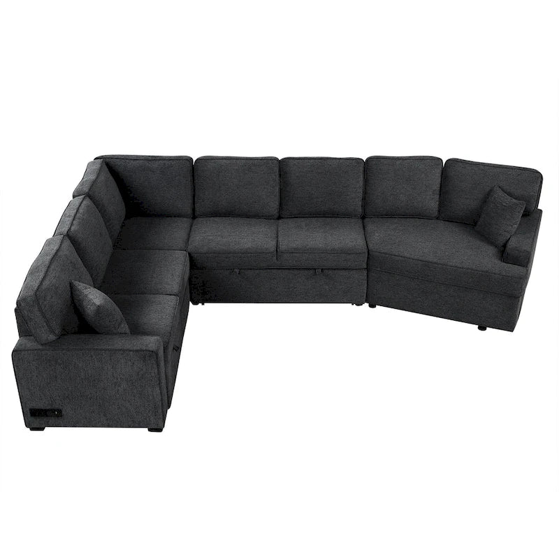 126 L-Shaped 6-Seat Sectional Sofa with Pull-Out Bed, USB Charging Ports, and Drop-Down Cup Holder Tables