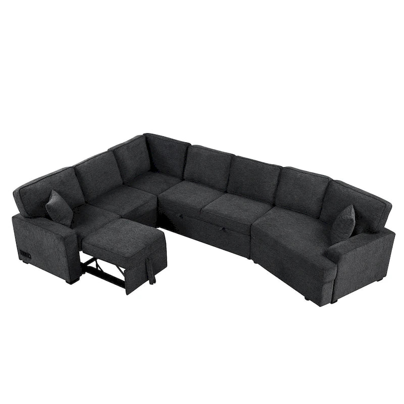 126 L-Shaped 6-Seat Sectional Sofa with Pull-Out Bed, USB Charging Ports, and Drop-Down Cup Holder Tables