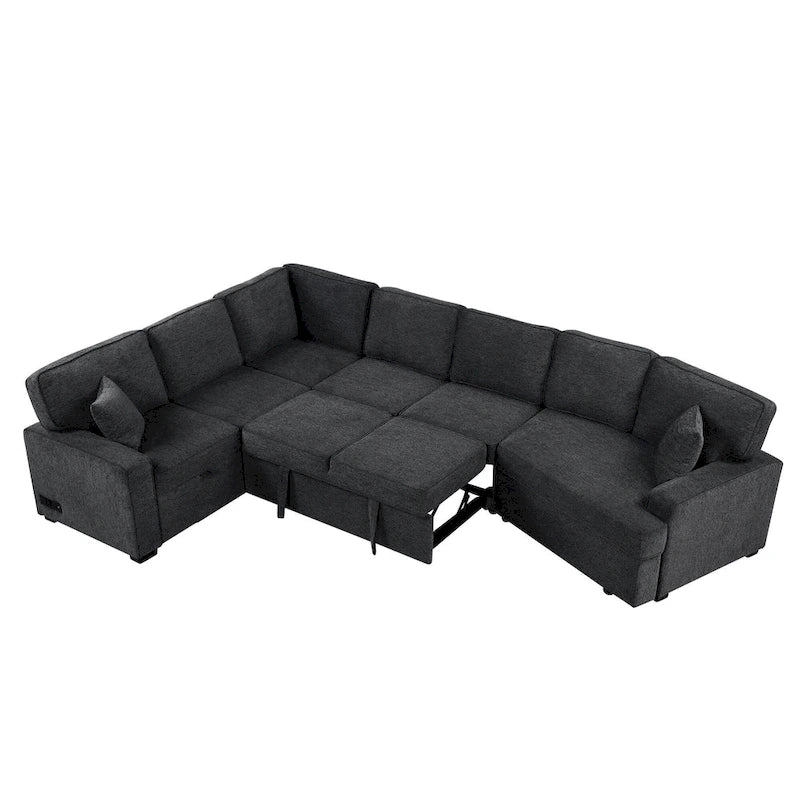 126 L-Shaped 6-Seat Sectional Sofa with Pull-Out Bed, USB Charging Ports, and Drop-Down Cup Holder Tables