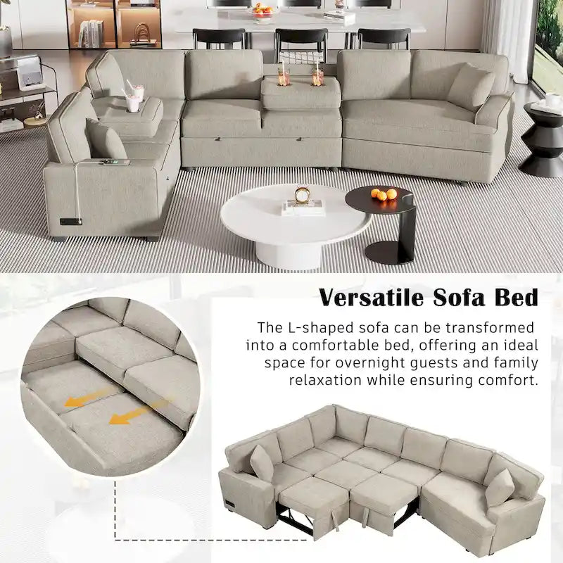 126 L-Shaped 6-Seat Sectional Sofa with Pull-Out Bed, USB Charging Ports, and Drop-Down Cup Holder Tables