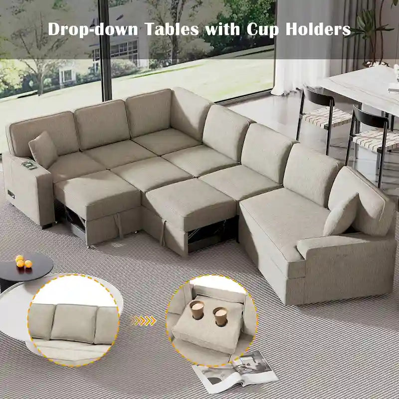 126 L-Shaped 6-Seat Sectional Sofa with Pull-Out Bed, USB Charging Ports, and Drop-Down Cup Holder Tables